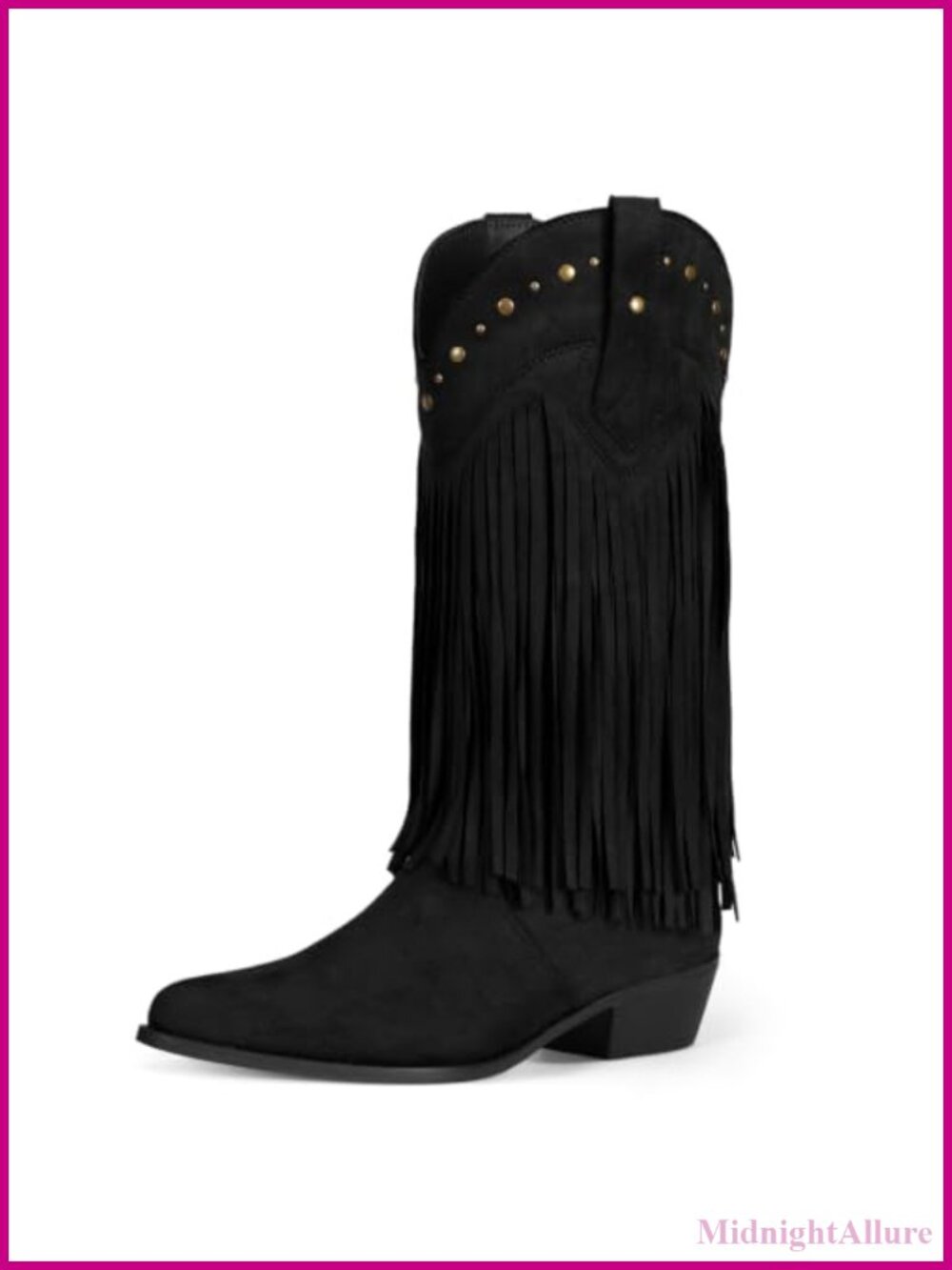 Faux Suede Fringe Cowboy Cowgirl Western Mid Calf Boots Chunky Block Heel